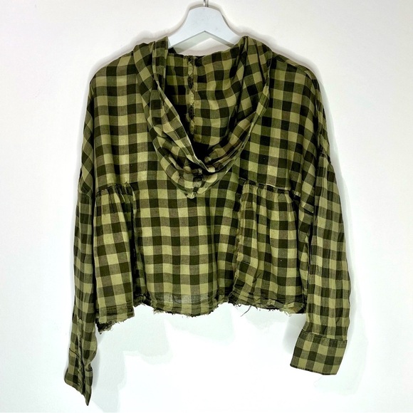 Free People Plaid Checker Hooded Cropped Long Sleeves Green Oversized Top Rare - Picture 1 of 7